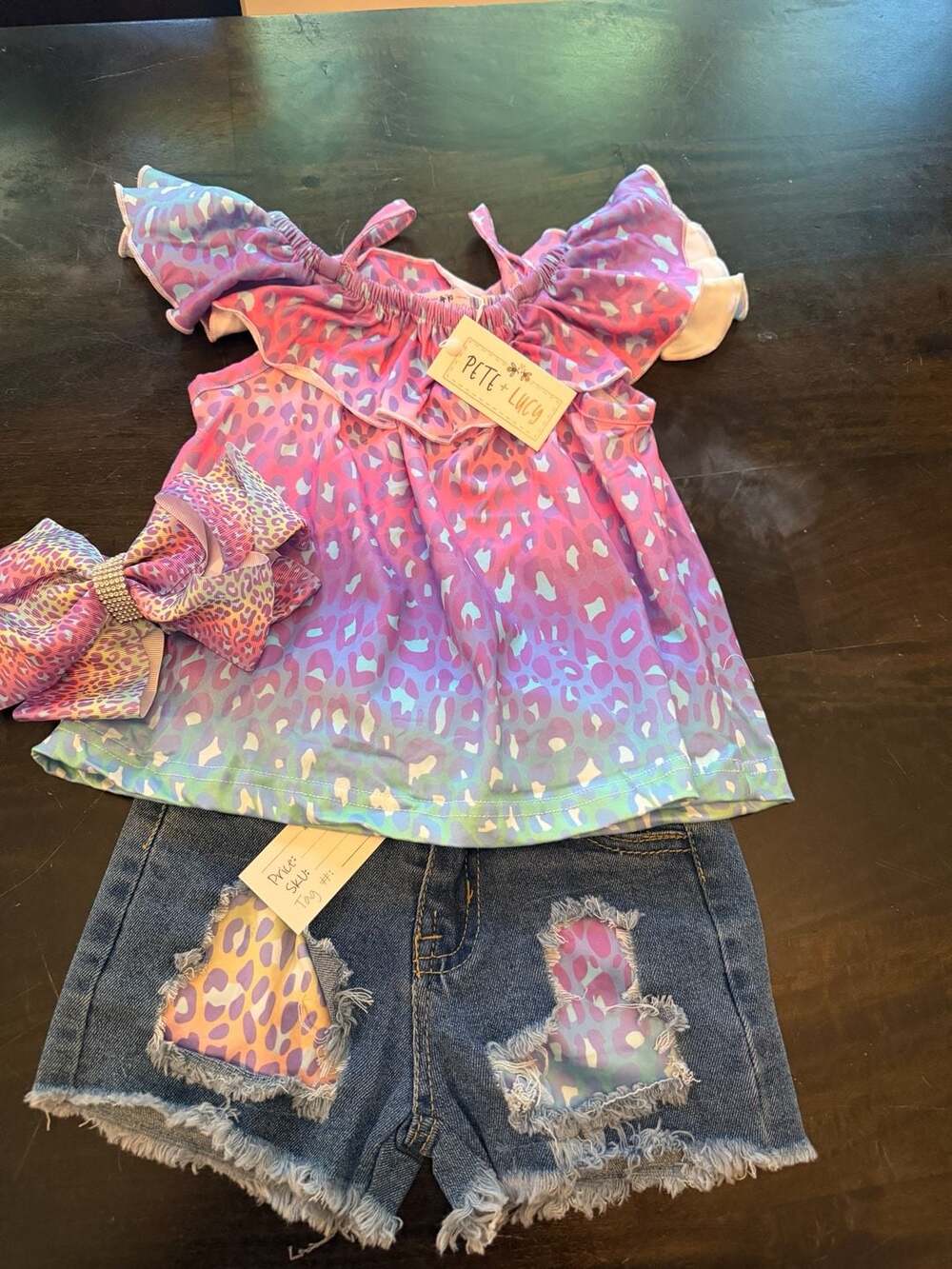 Pete + Lucy Girls Rainbow Cheetah Leopard Ruffle Top and Distressed Denim Shorts